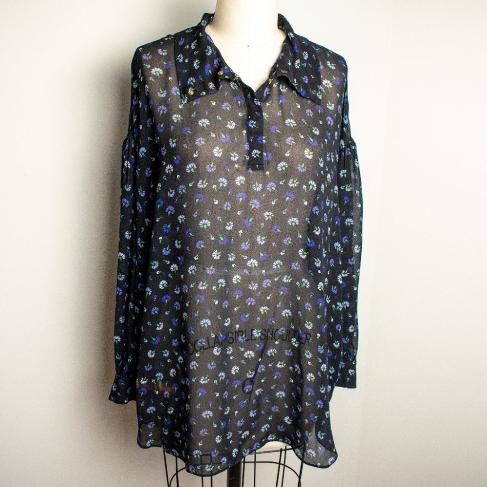 Chiffon Snap Sheer Floral Long Sleeve Blouse